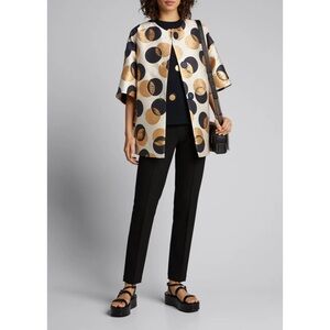 AKRIS Punto Car Coat Jacquard Sake Blue Metallic Gold Dot Print, Size US 12